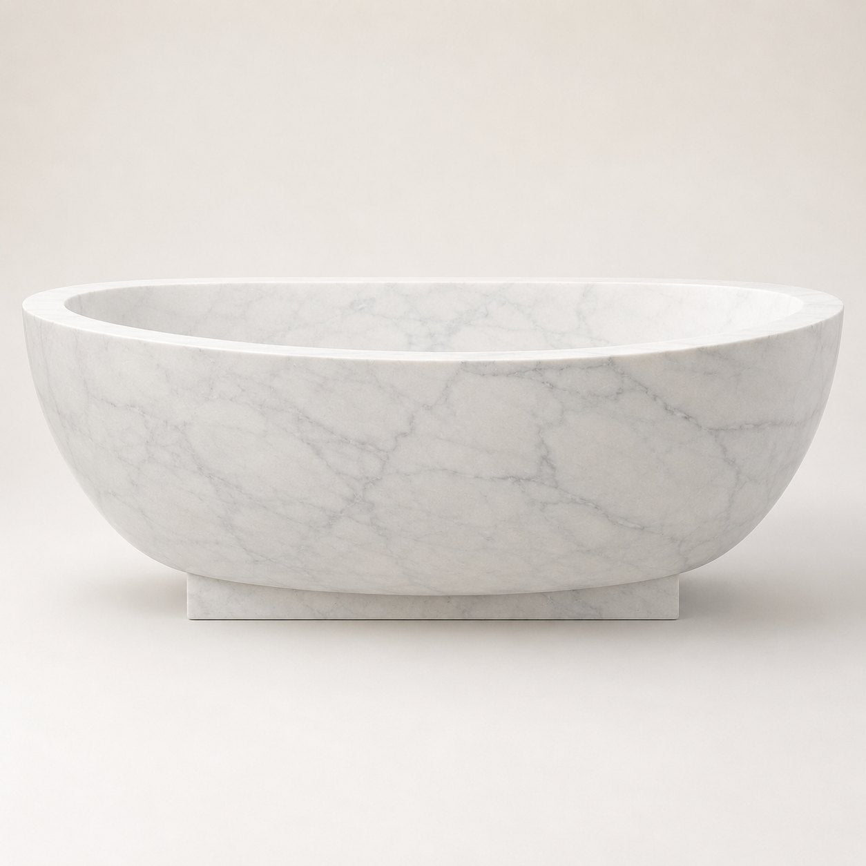 Aurelia Ivory Cloud Marble pedestal soaking bathtub, clean studio styled visualization