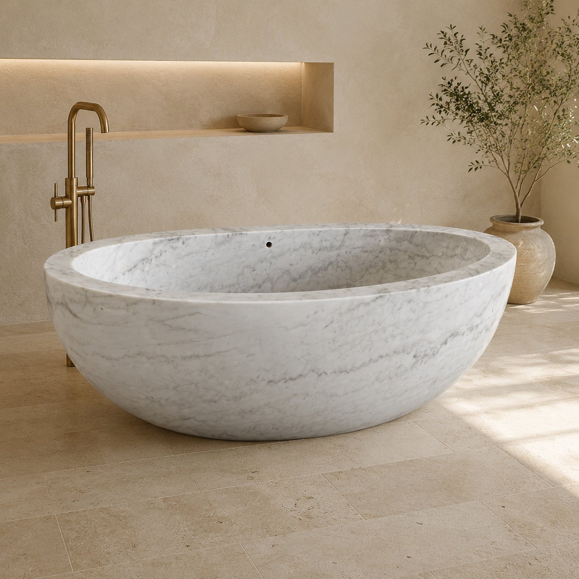 Avela Ivory Cloud Marble deep oval bathtub in a warm luxury bathroom, styled visualization