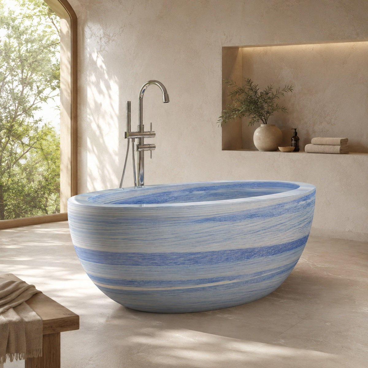 Aveline Azura Blue Quartzite freestanding soaking bathtub in a warm luxury architectural bathroom, hero scene