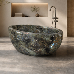 Aveline Celestia Blue Quartzite freestanding soaking bathtub in a warm luxury architectural bathroom, hero scene