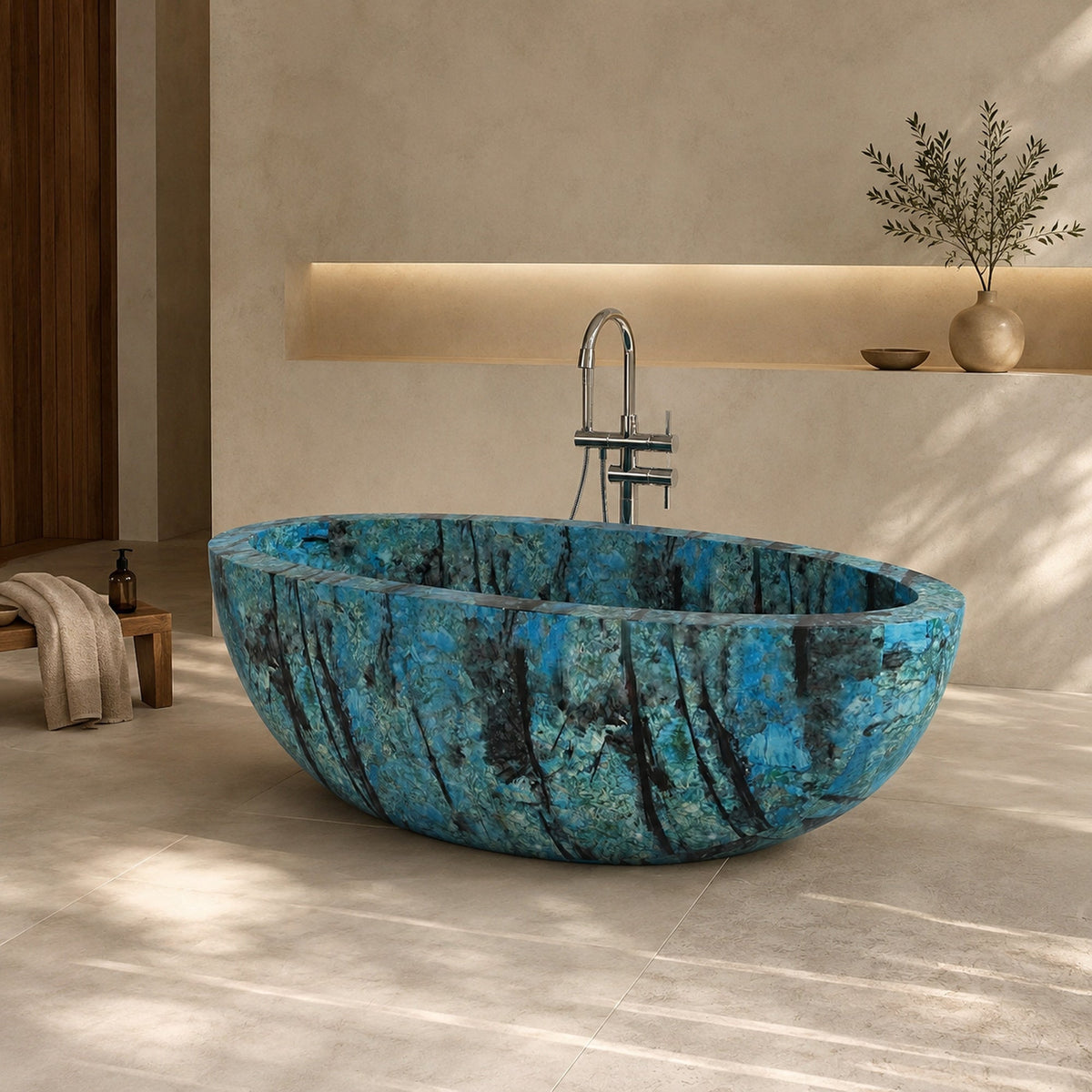 Aveline Danube Blue Quartzite freestanding soaking bathtub in a warm luxury architectural bathroom, hero scene