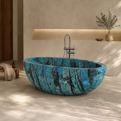 Aveline Danube Blue Quartzite freestanding soaking bathtub in a warm luxury architectural bathroom, hero scene