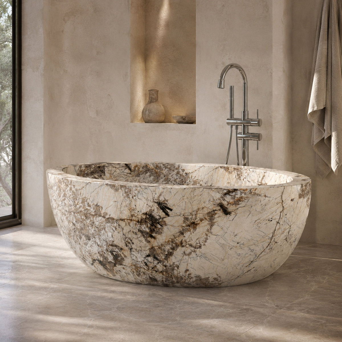 Aveline Pandora Blanc Quartzite freestanding soaking bathtub in a warm luxury architectural bathroom, hero scene