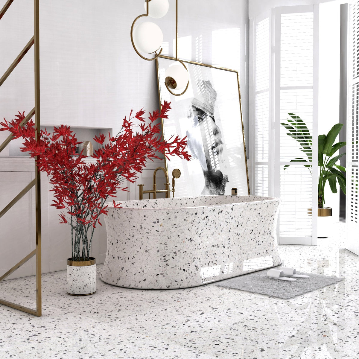 Avena BT-129A Alba White Terrazzo freestanding bathtub in a bright contemporary bathroom, exact-source design rendering