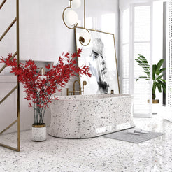 Avena BT-129A Alba White Terrazzo freestanding bathtub in a bright contemporary bathroom, exact-source design rendering