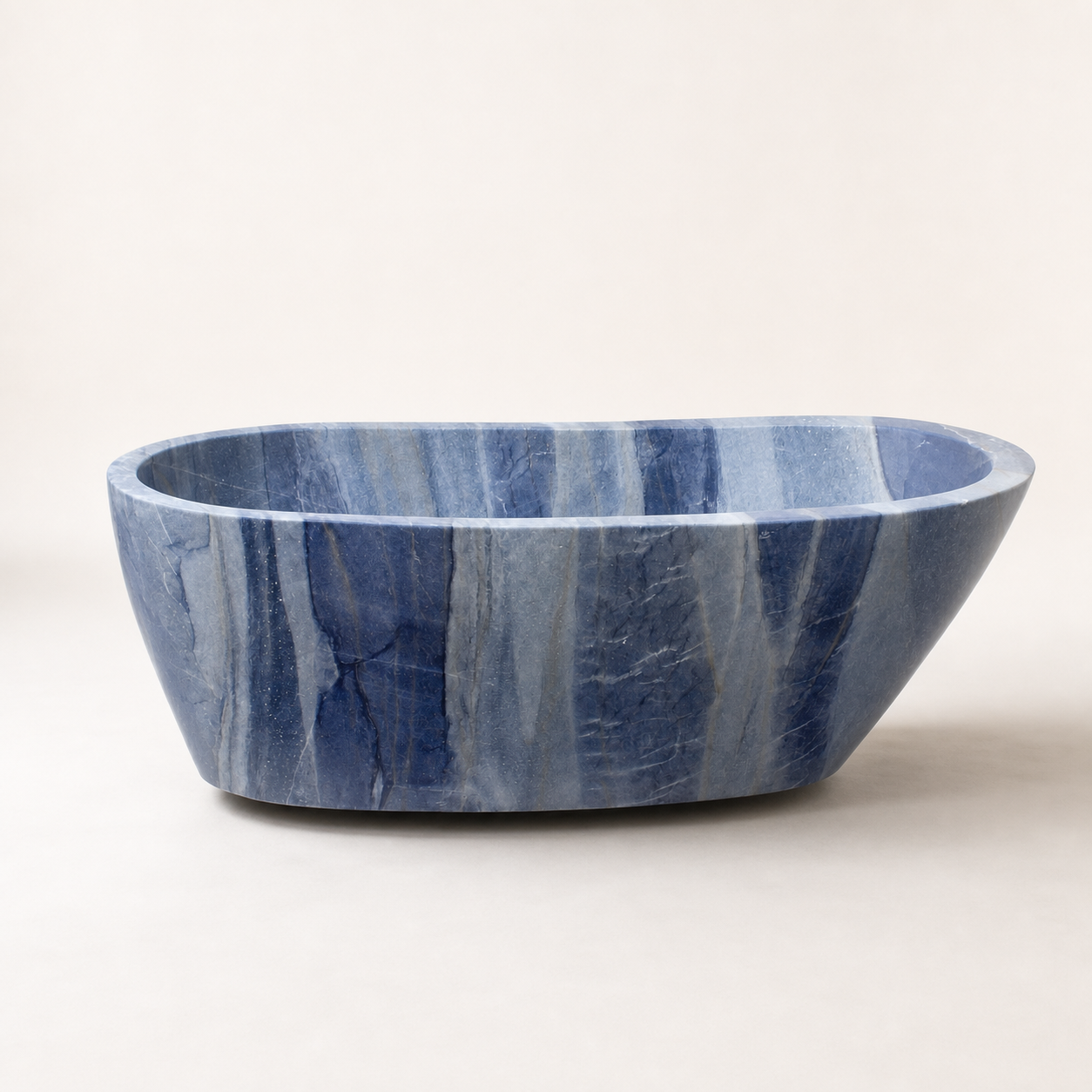 Azura Blue Quartzite freestanding bathtub, front three-quarter studio visualization