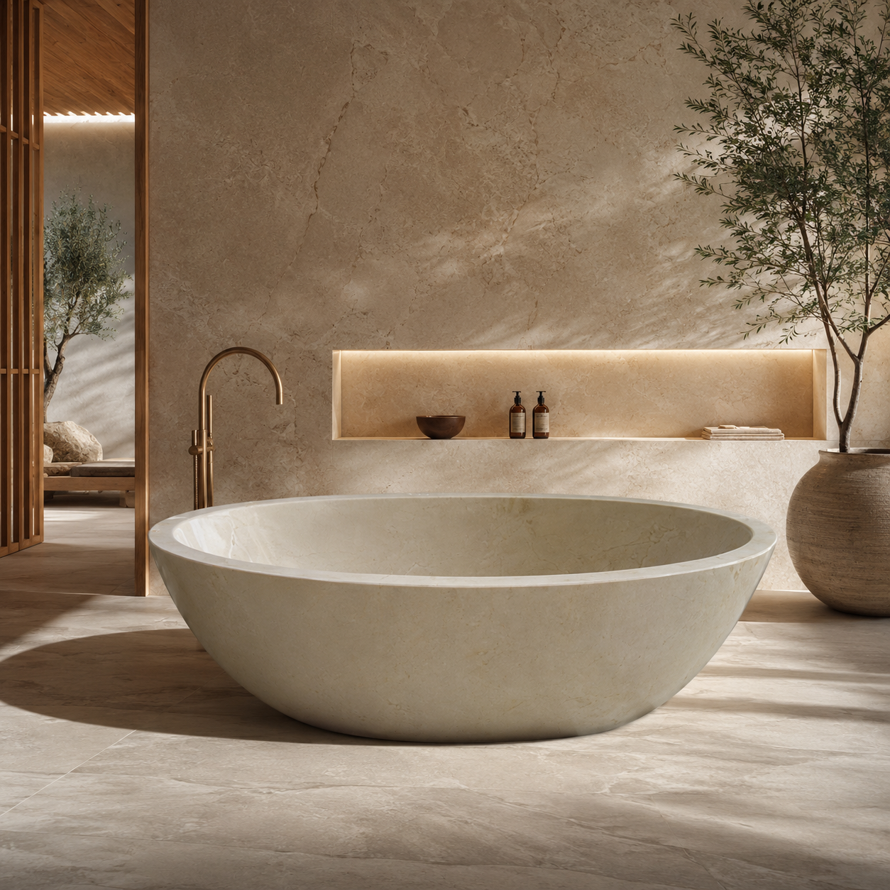 Calene BT-087A Galala Cream Marble low oval freestanding soaking bathtub in a warm architectural spa bathroom