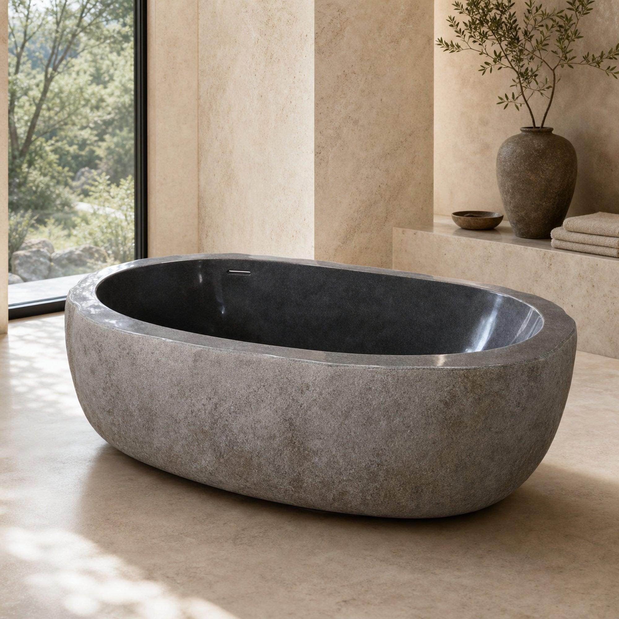 Cavira Charcoal Mist Granite soaking bathtub in a warm architectural luxury bathroom, styled visualization
