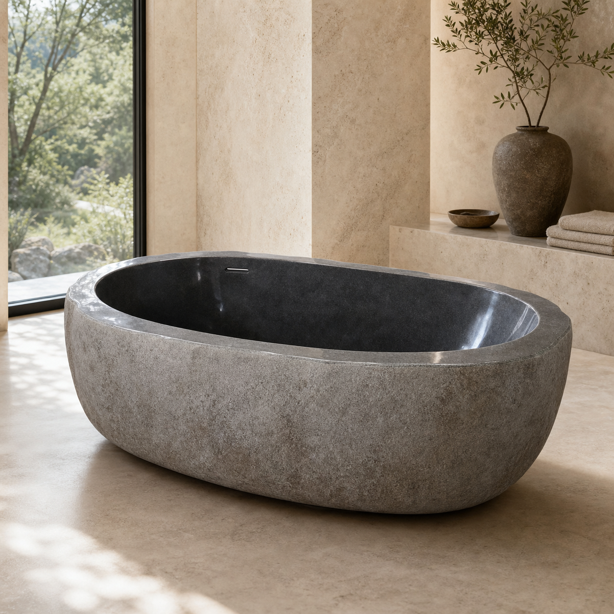 Cavira G654 Gray Granite soaking bathtub in a warm luxury bathroom, styled visualization