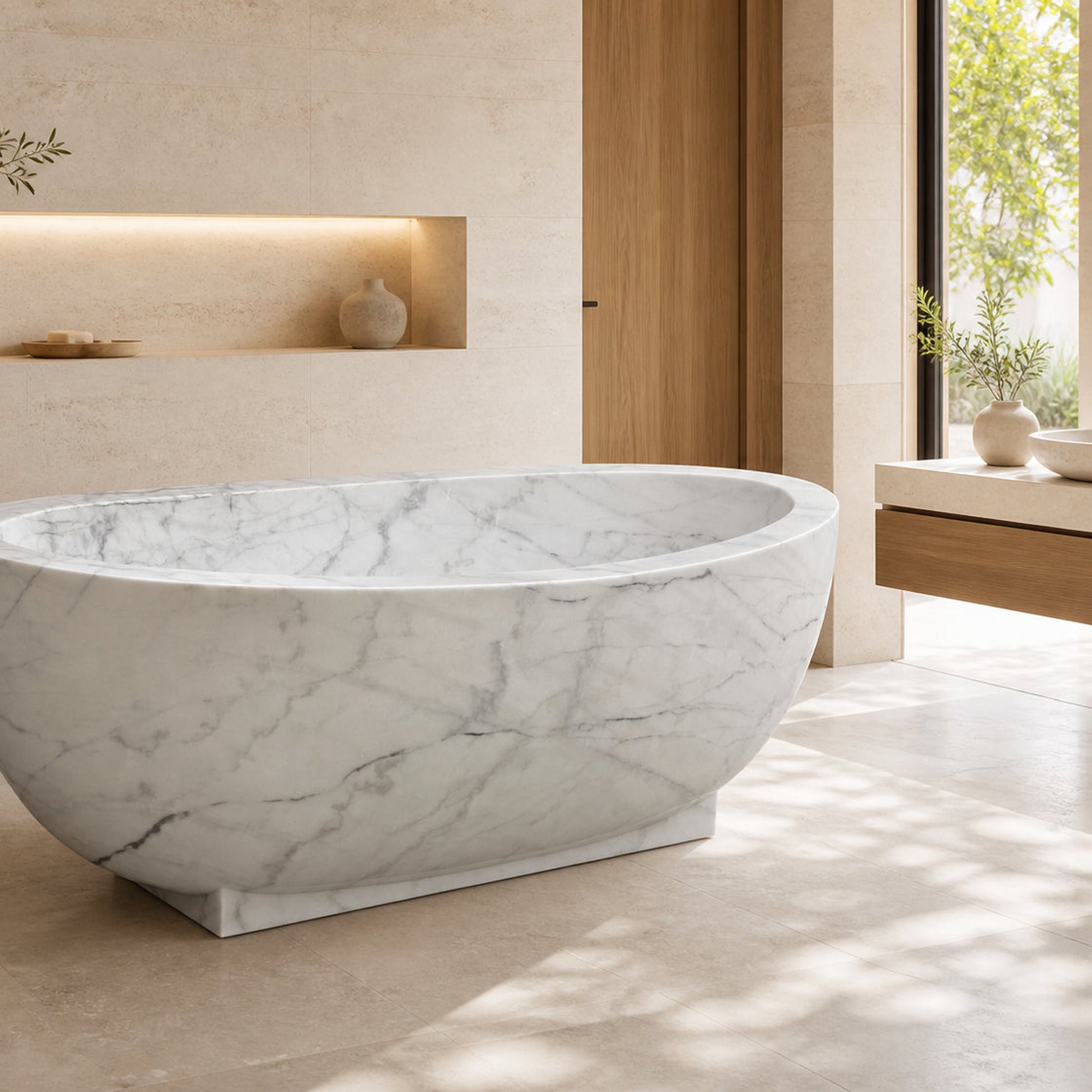 Celeste Ivory Cloud Marble soaking bathtub in a warm limestone spa, styled visualization