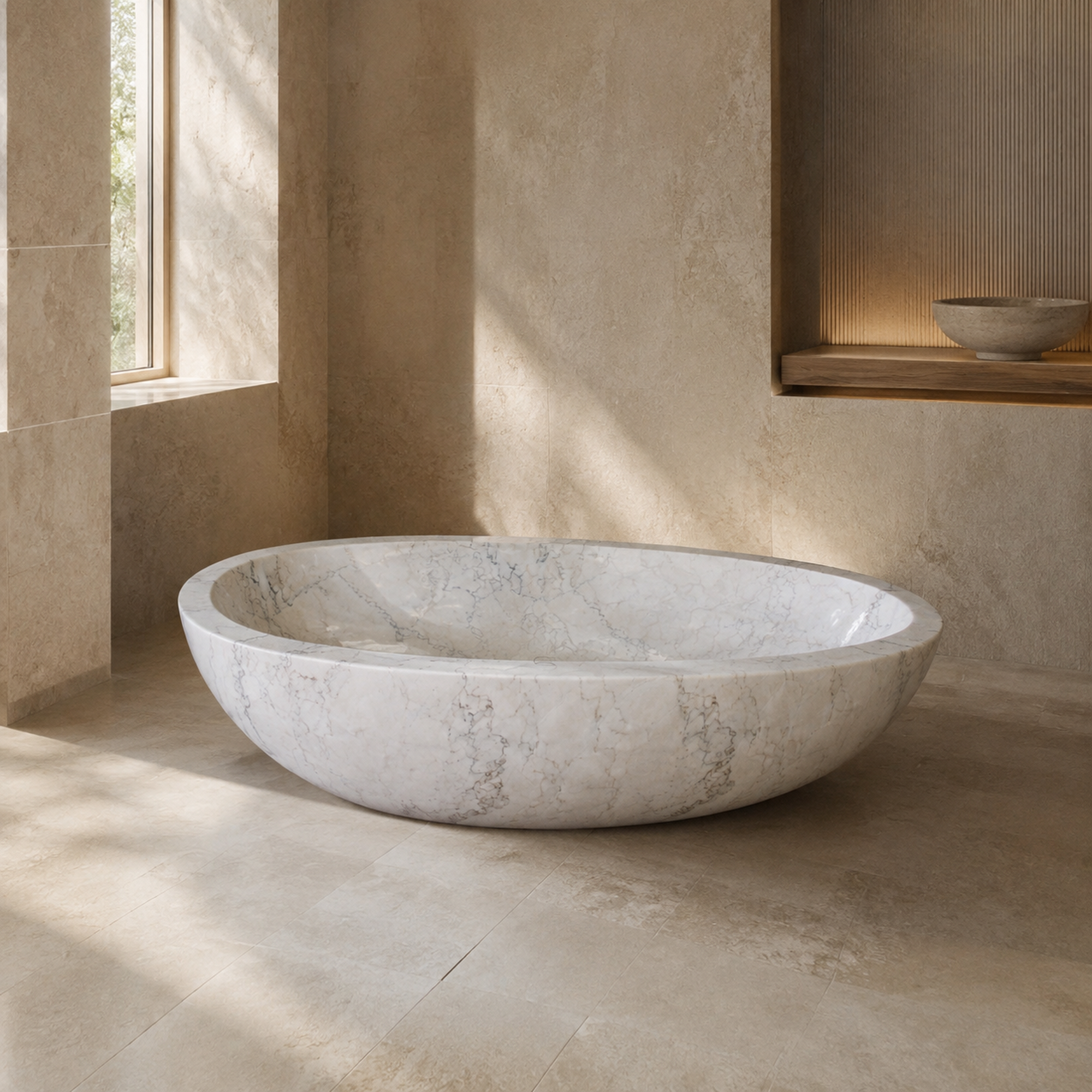 Liora BT-050A Ivory Cloud Marble egg-shaped bathtub in a warm luxury bathroom, styled visualization