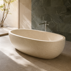 Lumera BT-116A Galala Marble low oval freestanding soaking bathtub in warm architectural spa bathroom, styled visualization