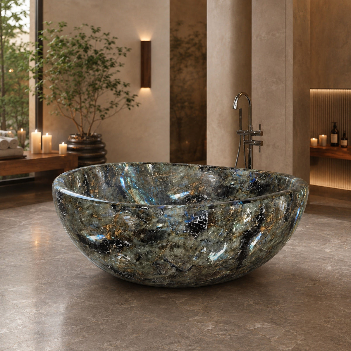 Lunara Celestia Blue Quartzite round freestanding soaking bathtub in a warm luxury spa bathroom, hero scene
