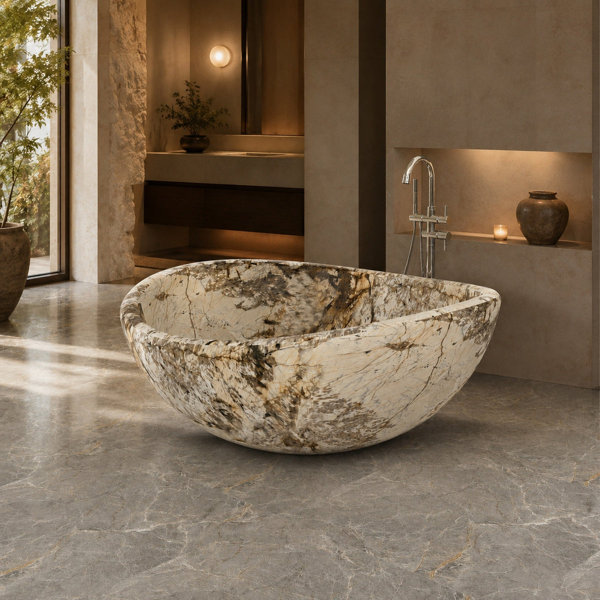 Lunara Pandora Blanc Quartzite round freestanding soaking bathtub in a warm luxury spa bathroom, hero scene