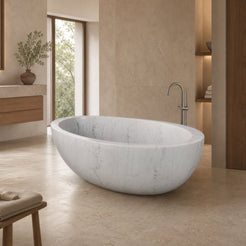 Mira BT-031A Ivory Cloud Marble deep oval soaking bathtub in a warm luxury bathroom styled visualization