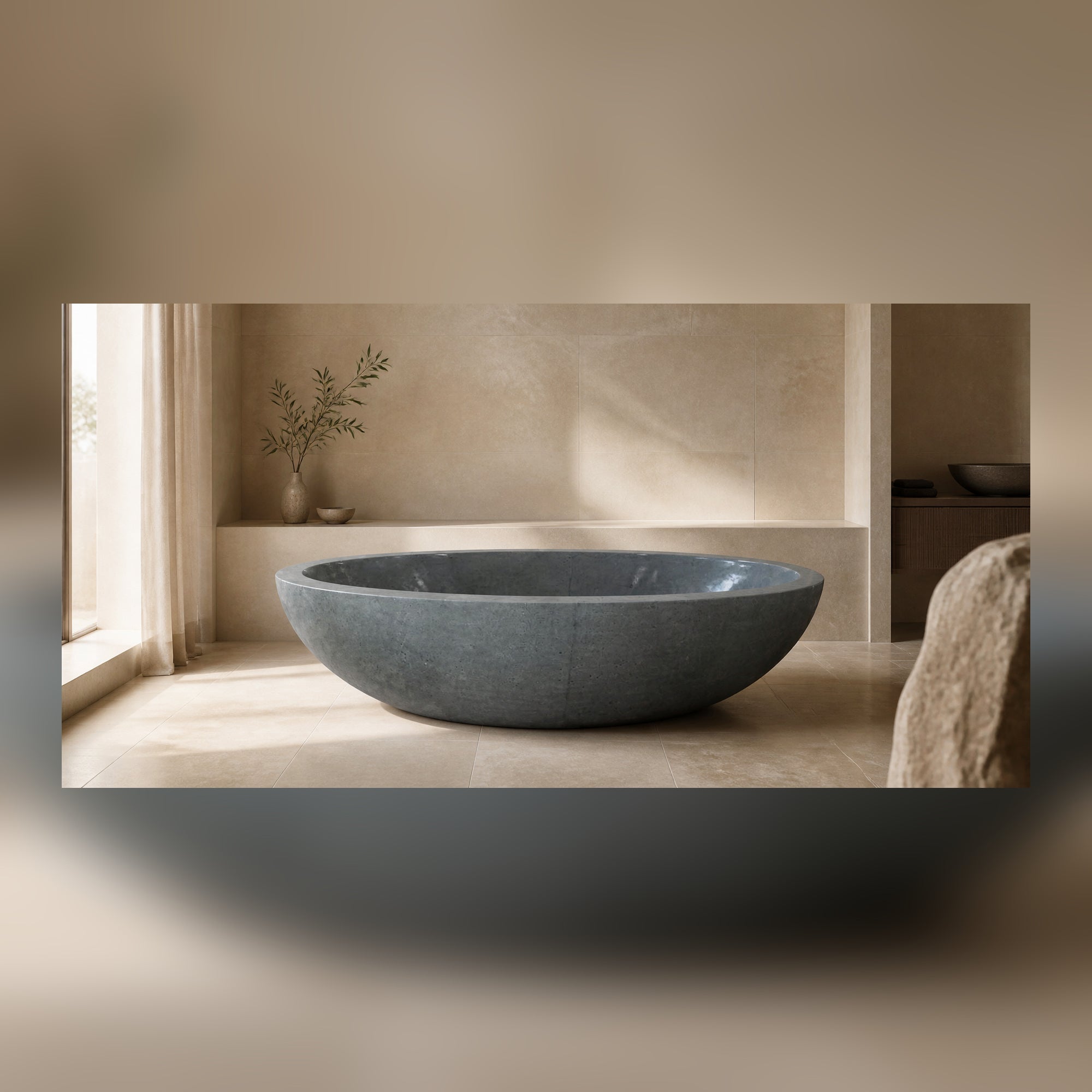 Nerida Blue-Gray Granite soaking bathtub in a warm architectural luxury bathroom, styled visualization