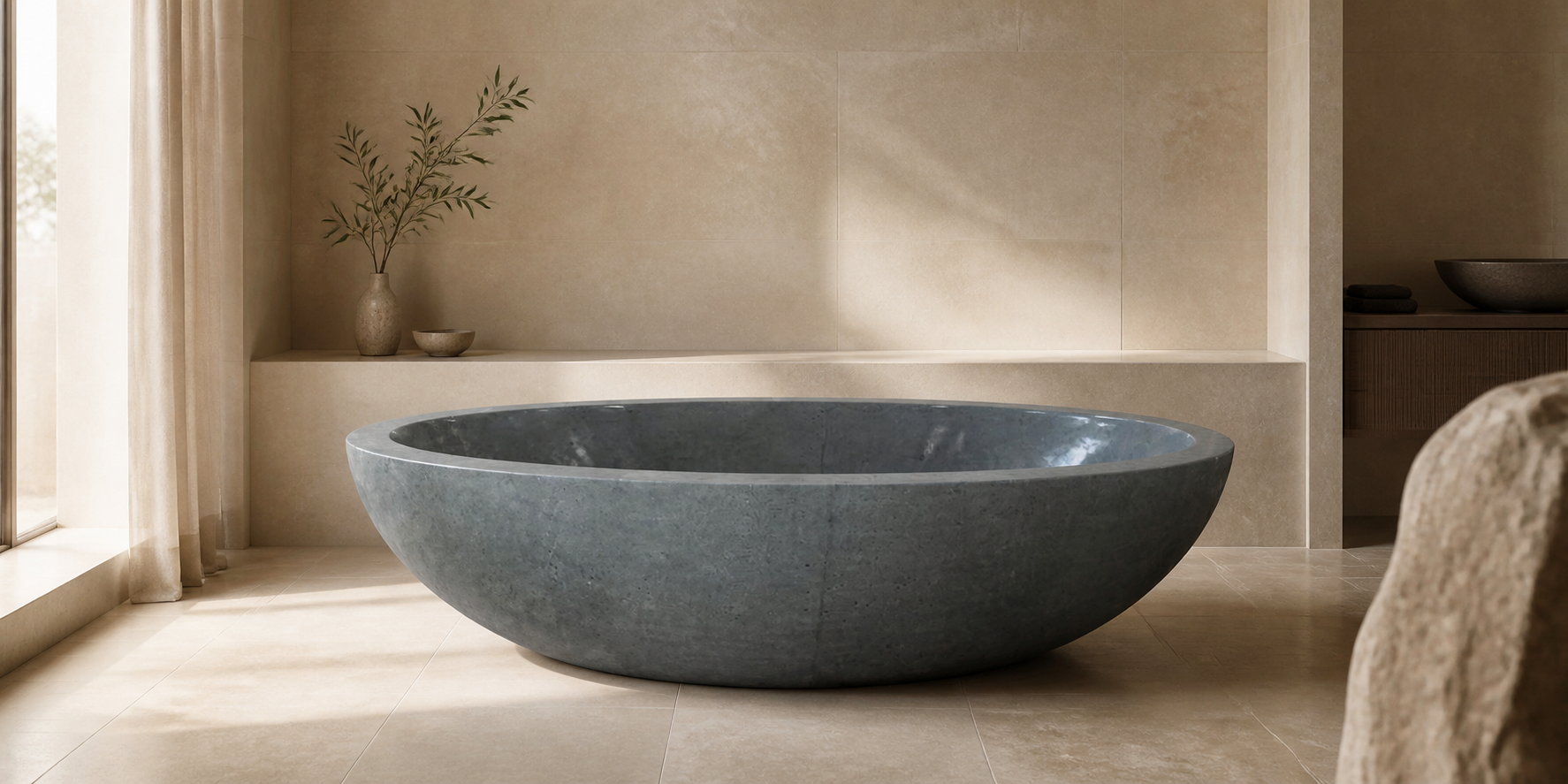 Nerida Natural Blue-Gray Granite soaking bathtub in a warm luxury bathroom, styled visualization