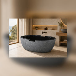 Noctira Absolute Black Granite soaking bathtub in a warm architectural luxury bathroom, styled visualization