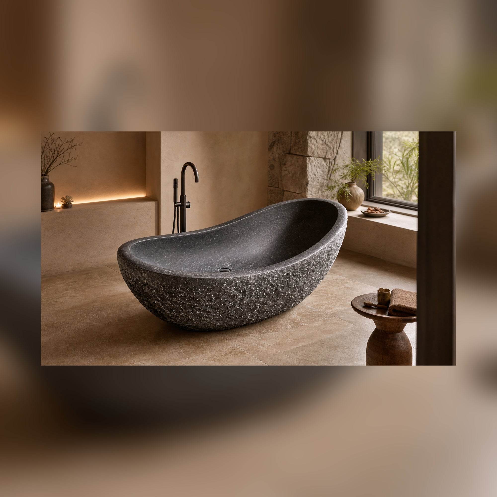 Noira Natural Black Granite soaking bathtub in a warm architectural luxury bathroom, styled visualization