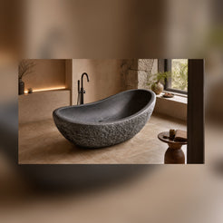 Noira Natural Black Granite soaking bathtub in a warm architectural luxury bathroom, styled visualization
