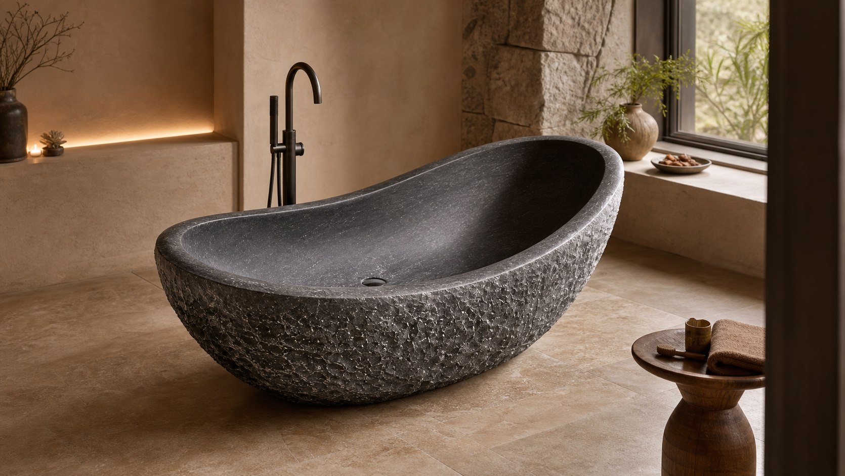 Noira Natural Black Granite raised-end bathtub in a warm luxury bathroom, styled visualization