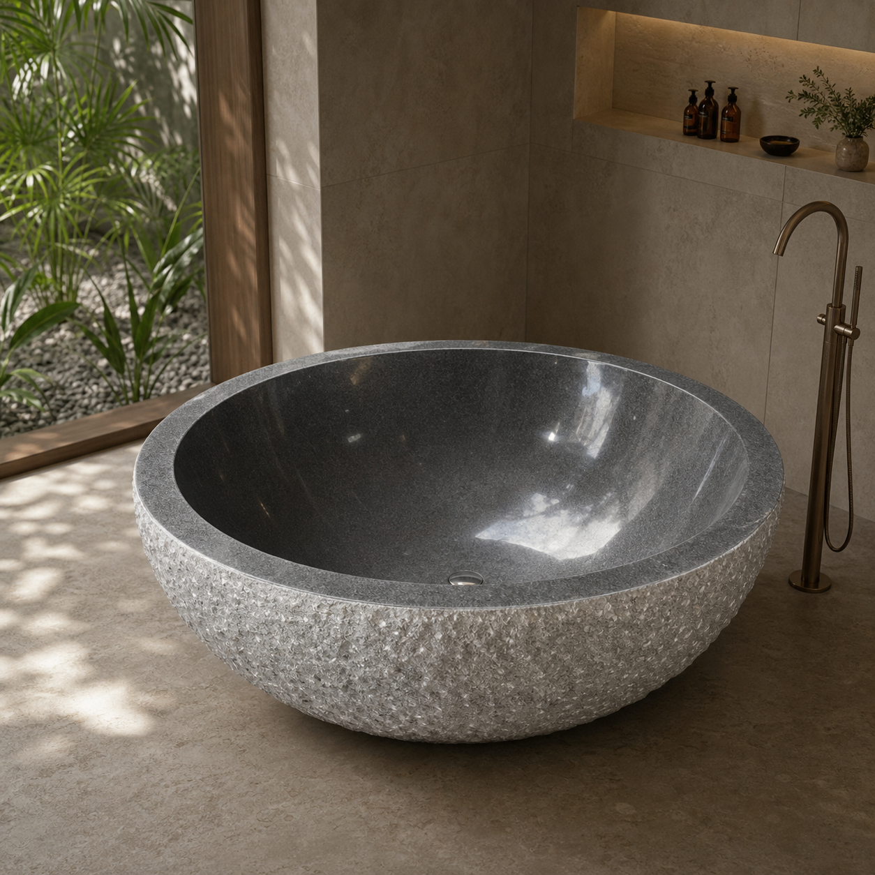 Oria round G654 Gray Granite soaking bathtub in a warm luxury bathroom, styled visualization