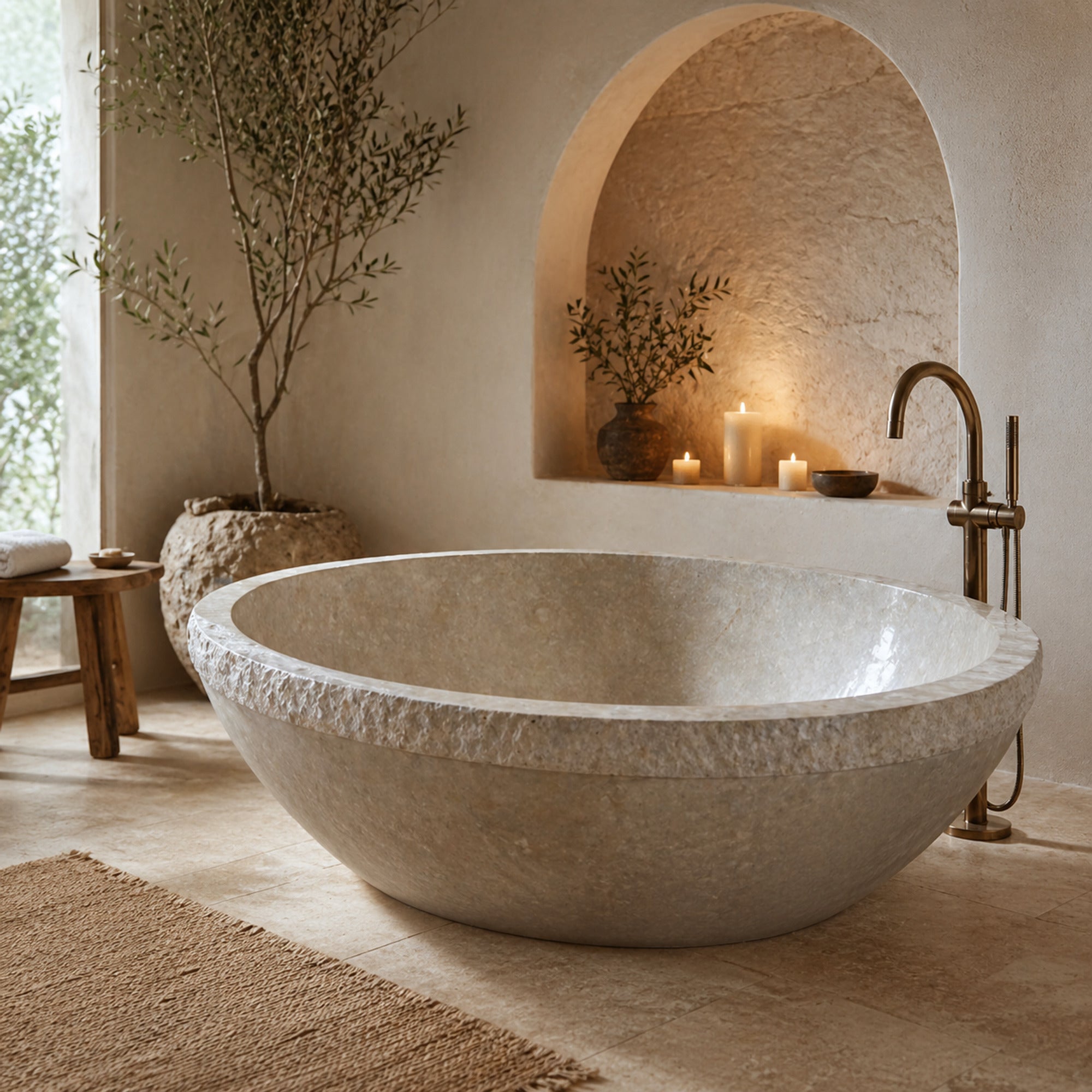 RHEA Round Travertine soaking bathtub in a sculptural luxury bathroom, styled visualization