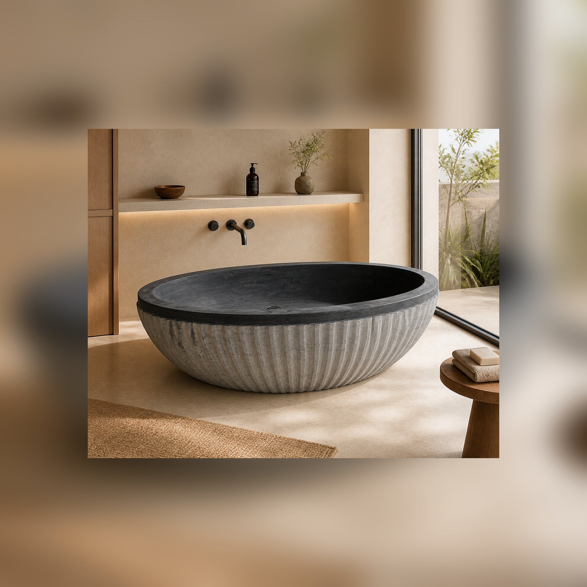 Rivelle fluted Black Granite soaking bathtub in a warm architectural luxury bathroom, styled visualization