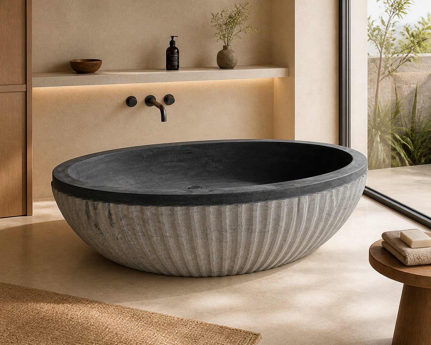 Rivelle fluted Natural Black Granite bathtub in a warm luxury bathroom, styled visualization