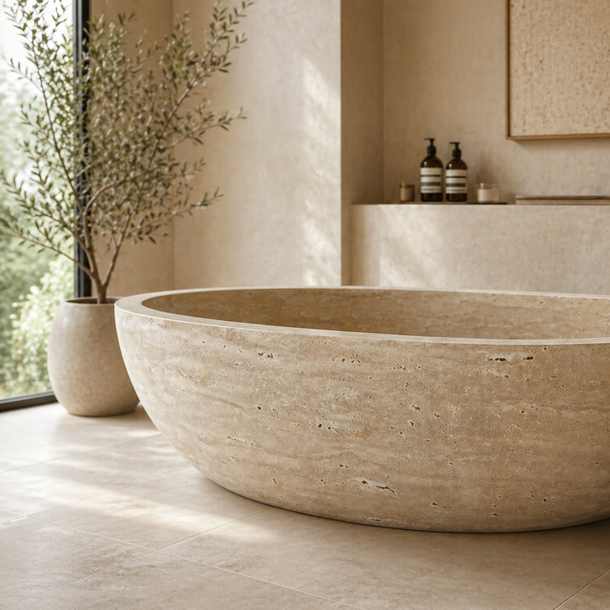 ROMA Roman Travertine freestanding soaking bathtub with a low oval stone profile, styled product visualization