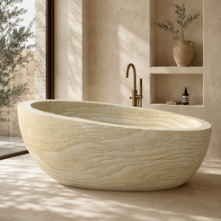 Sahira BT-085A Natural Sandstone raised-end oval freestanding soaking bathtub in a warm architectural bathroom, hero lifestyle view