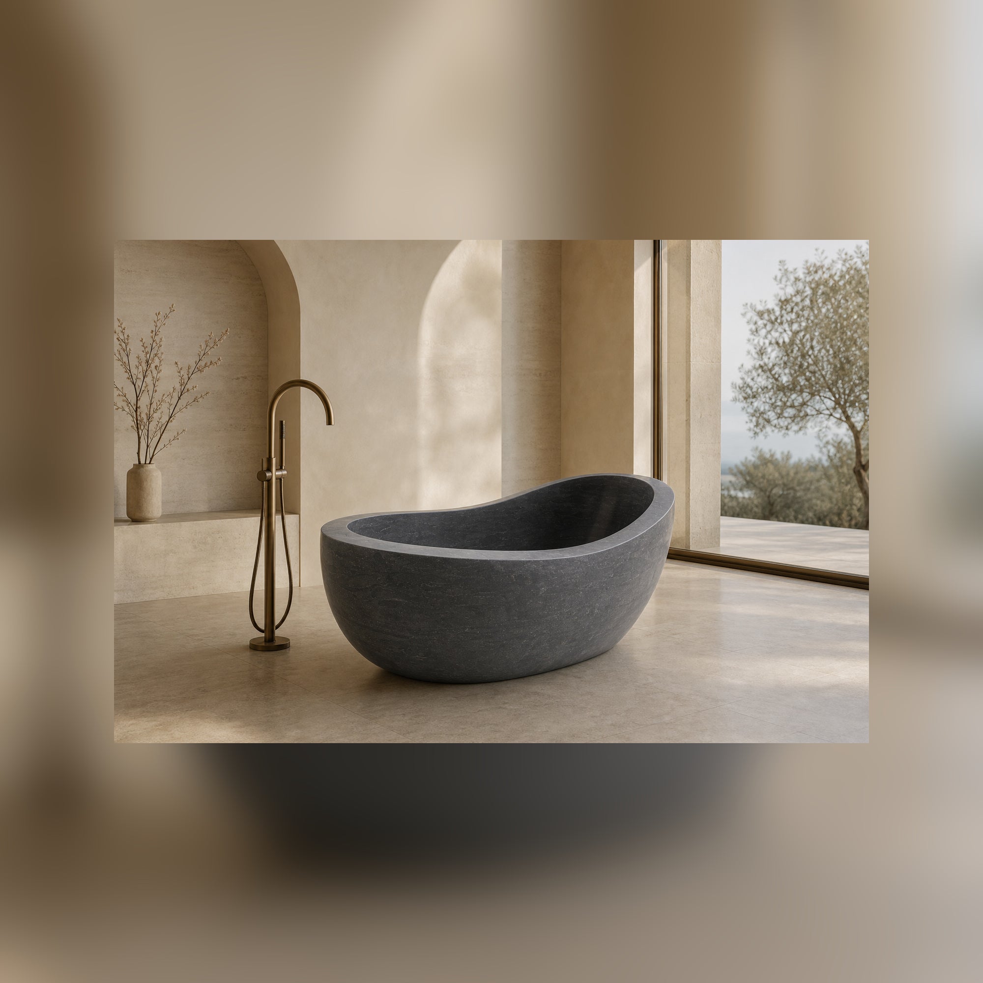 Selene Blue-Gray Granite soaking bathtub in a warm architectural luxury bathroom, styled visualization