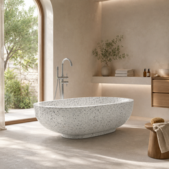 Selvara BT-134A alba-white-terrazzo freestanding soaking bathtub in a warm neutral architectural bathroom, hero lifestyle view