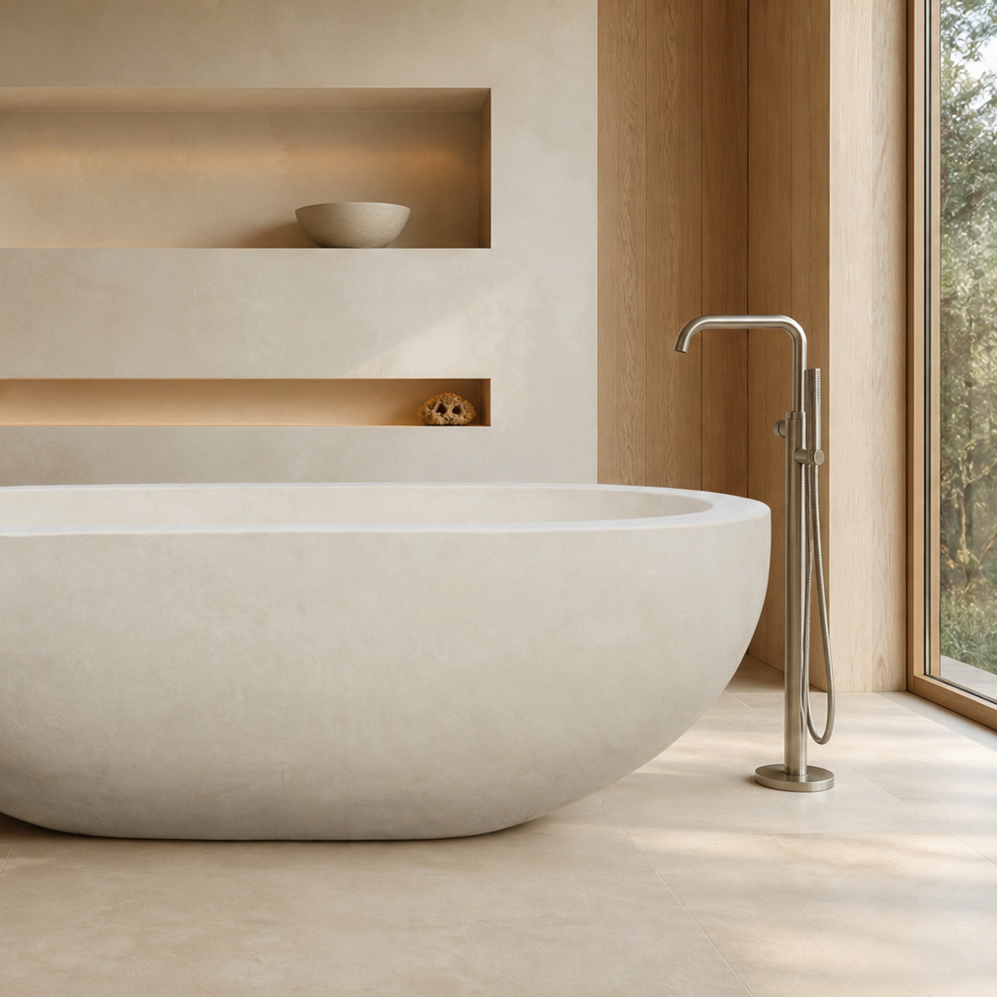 Serena Dune Ivory Limestone soaking bathtub in a warm minimalist bathroom, styled visualization