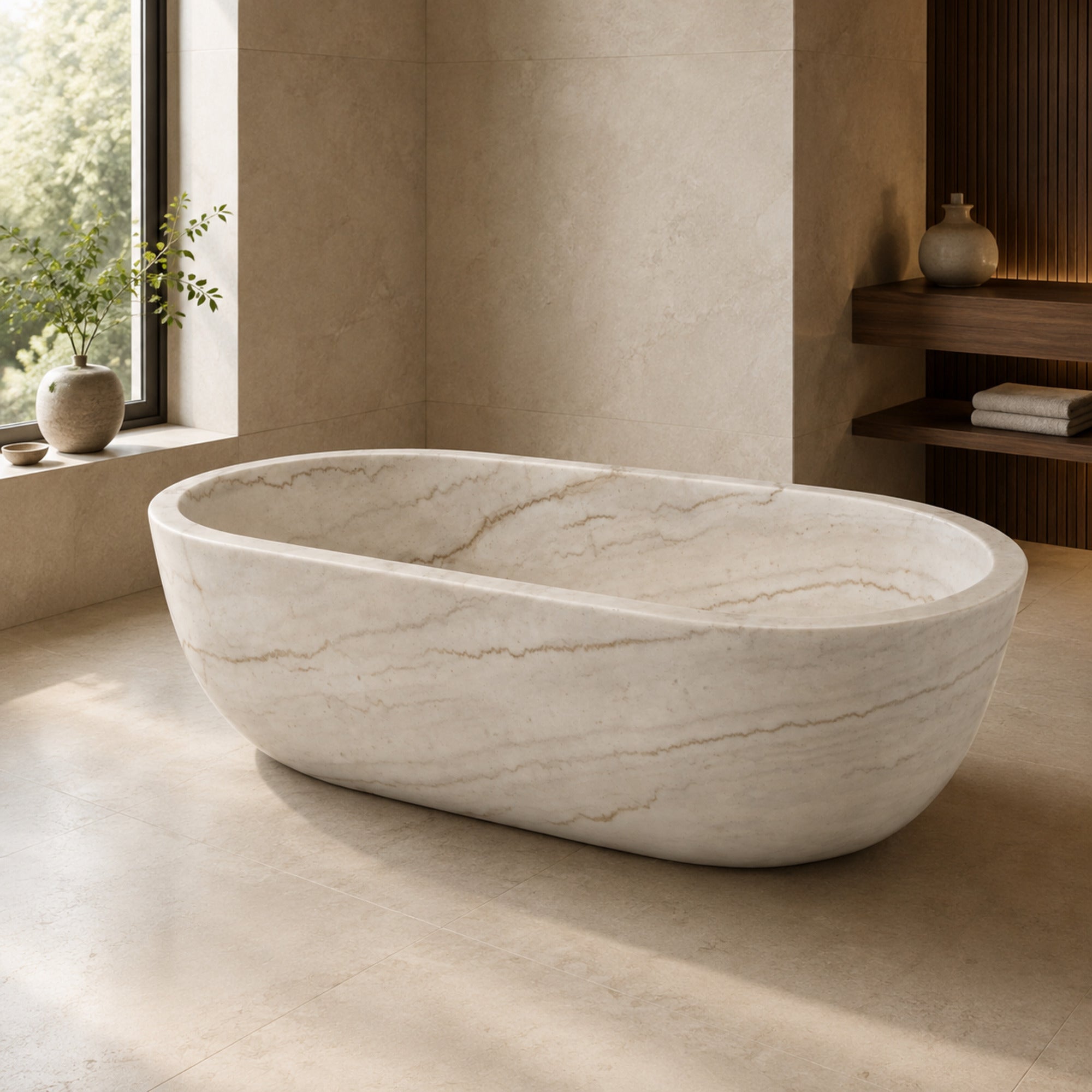 Serena Ivory Cloud Marble freestanding bathtub in a warm luxury bathroom, styled visualization