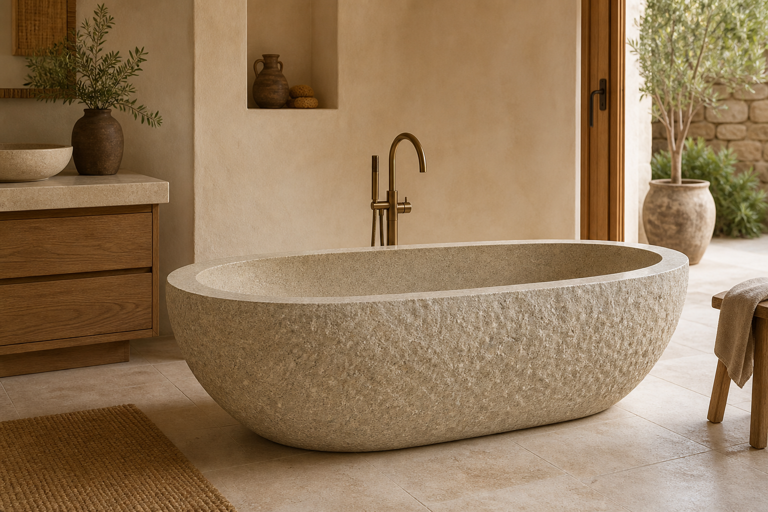 Solea G682 Rust Granite soaking bathtub in a warm organic bathroom, styled visualization