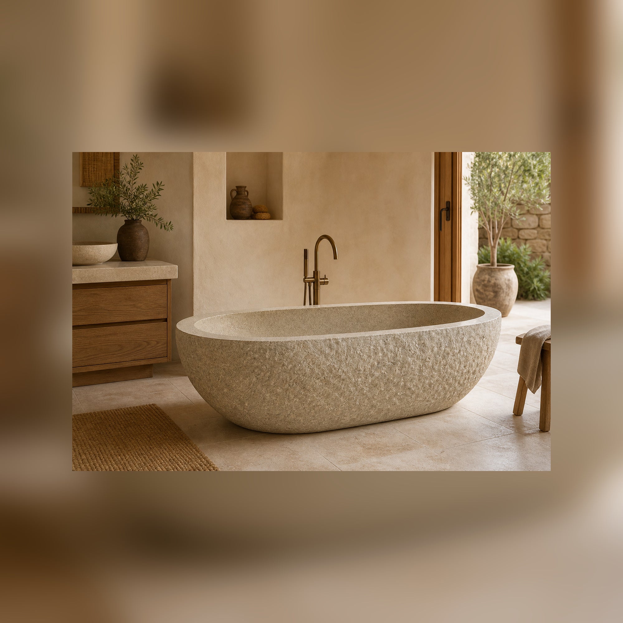 Solea Harvest Gold Granite soaking bathtub in a warm architectural luxury bathroom, styled visualization