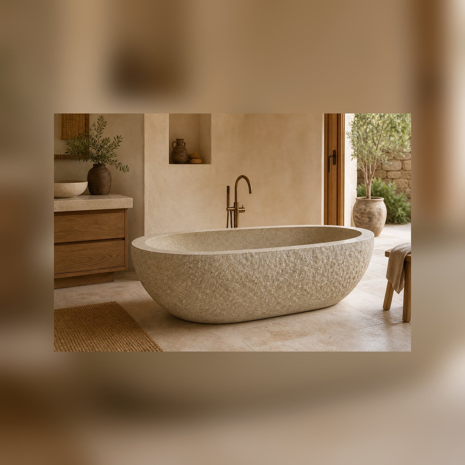 Solea Harvest Gold Granite soaking bathtub in a warm architectural luxury bathroom, styled visualization