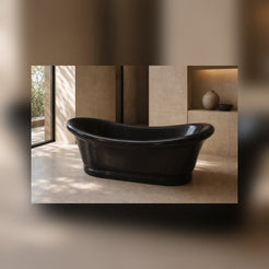 Vallora Absolute Black Granite soaking bathtub in a warm architectural luxury bathroom, styled visualization