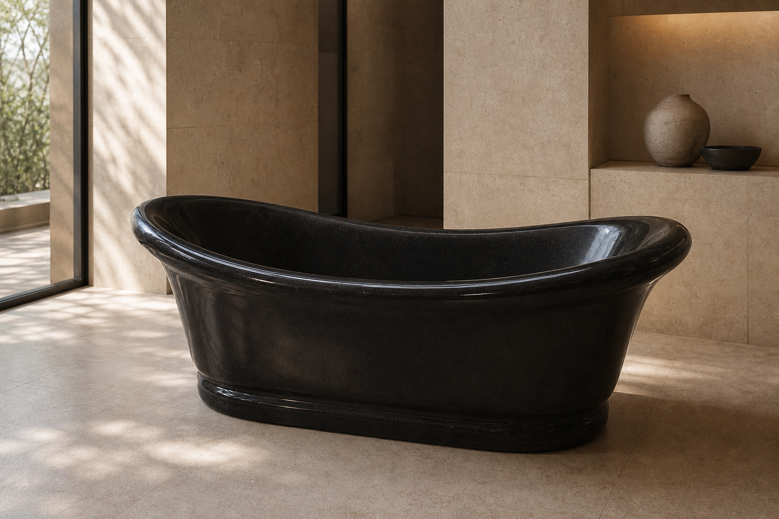 Vallora Shanxi Black Granite bathtub in a warm luxury bathroom, styled visualization