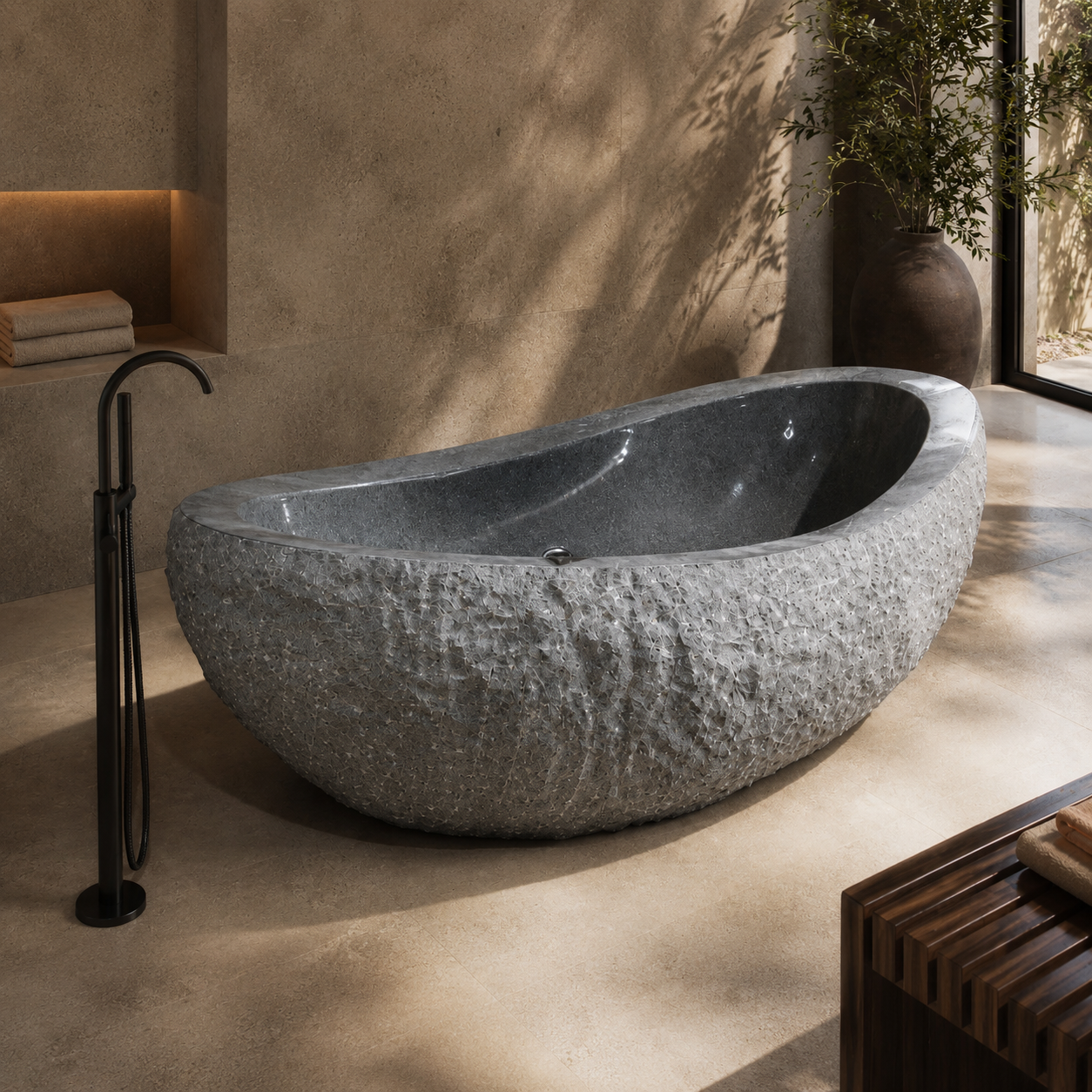 Veyra Charcoal Mist Granite freestanding bathtub in a refined luxury bathroom setting