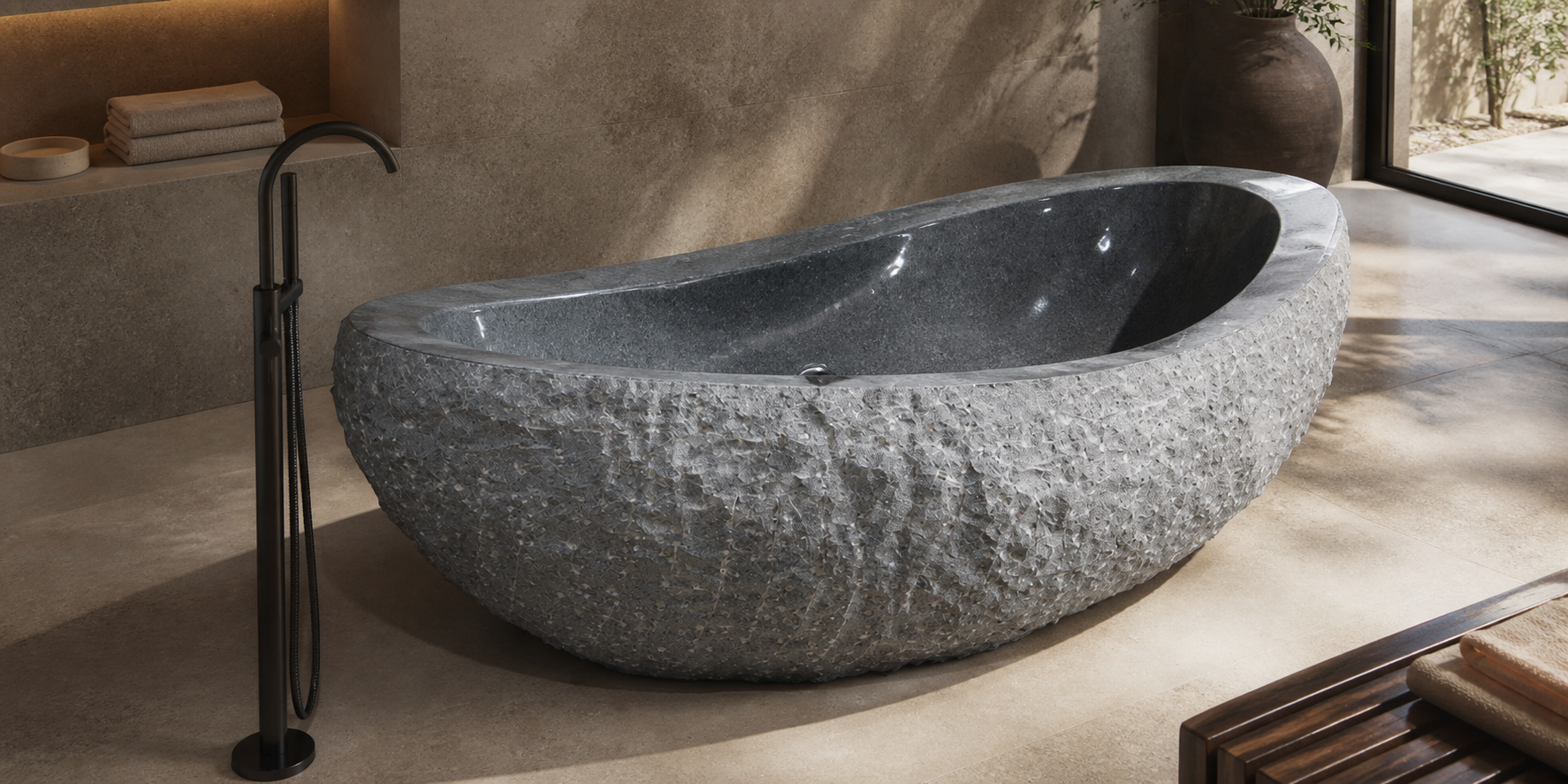 Veyra G654 Gray Granite asymmetrical bathtub in a warm luxury bathroom, styled visualization