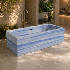 Virelle Azura Blue Quartzite rectangular freestanding soaking bathtub in a warm courtyard spa bathroom, styled visualization