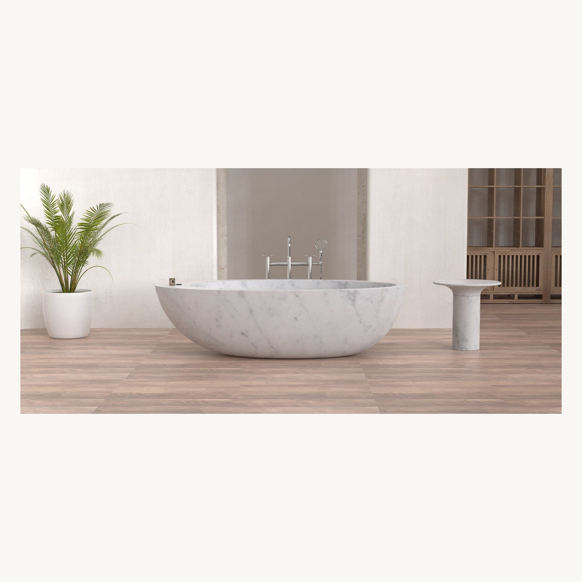 Yaris freestanding Carrara White Marble soaking bathtub, front bathroom view
