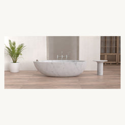Yaris freestanding Carrara White Marble soaking bathtub, front bathroom view