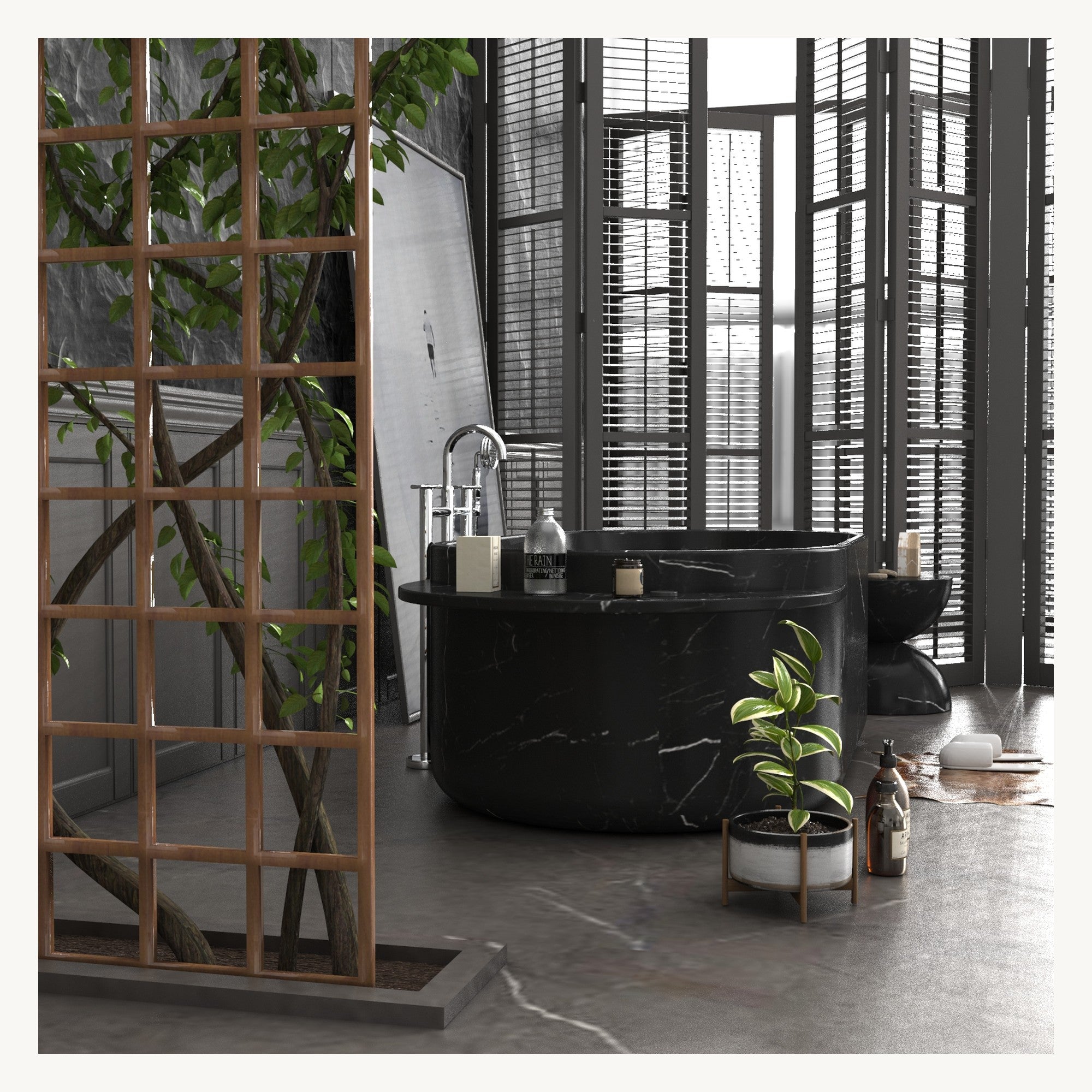 Yetta freestanding Portoro Black Marble soaking bathtub in a dark luxury bathroom setting