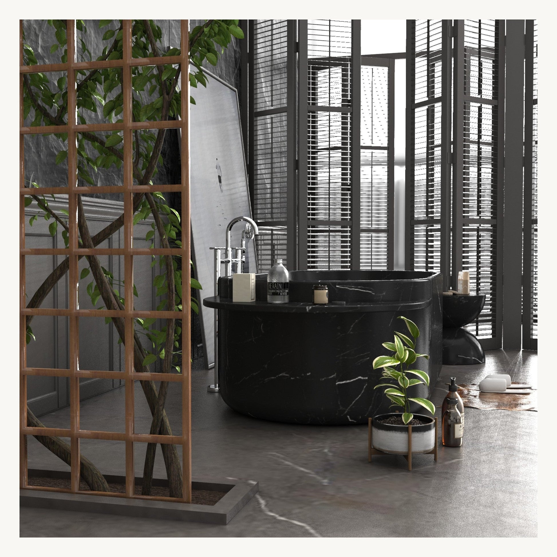 Yetta freestanding Portoro Black Marble soaking bathtub in a dark luxury bathroom setting
