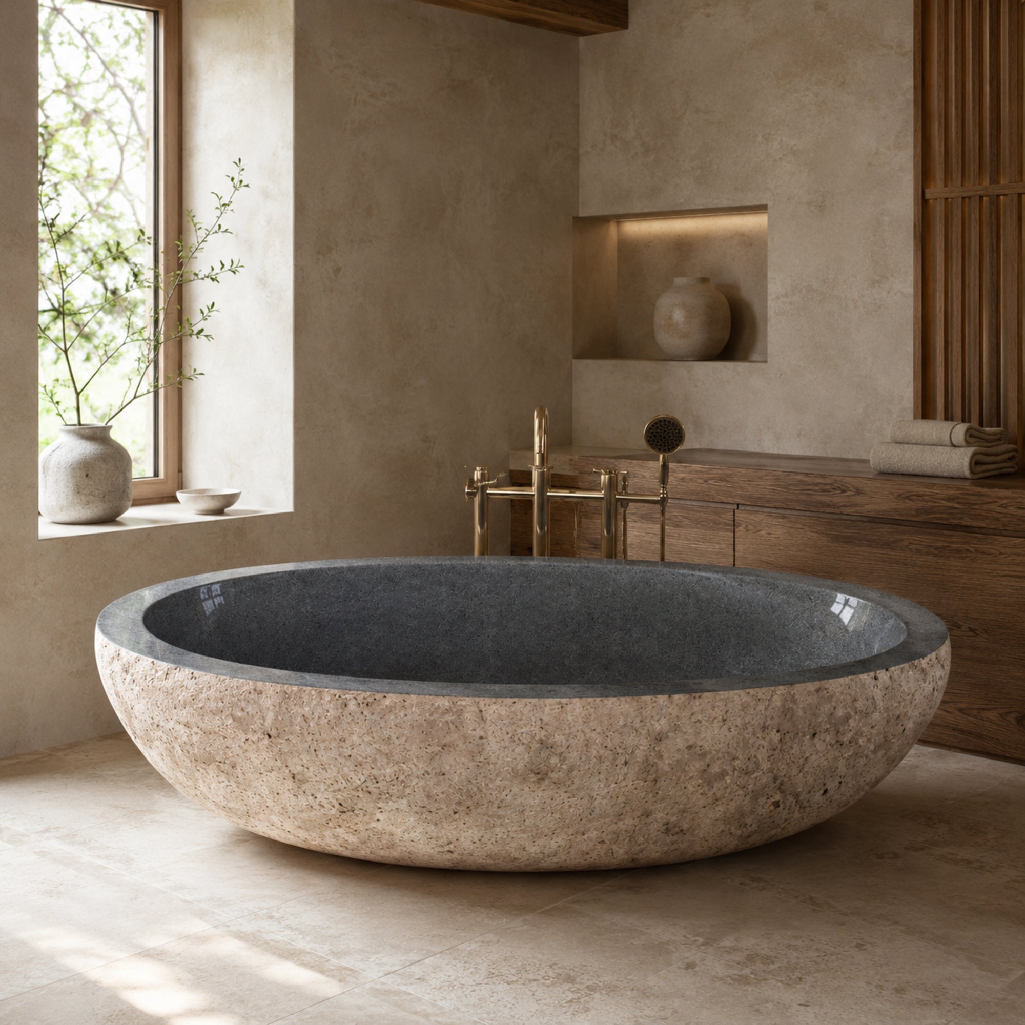 Yitta Filetto Cobble Stone Granite soaking bathtub in a warm architectural luxury bathroom, styled visualization