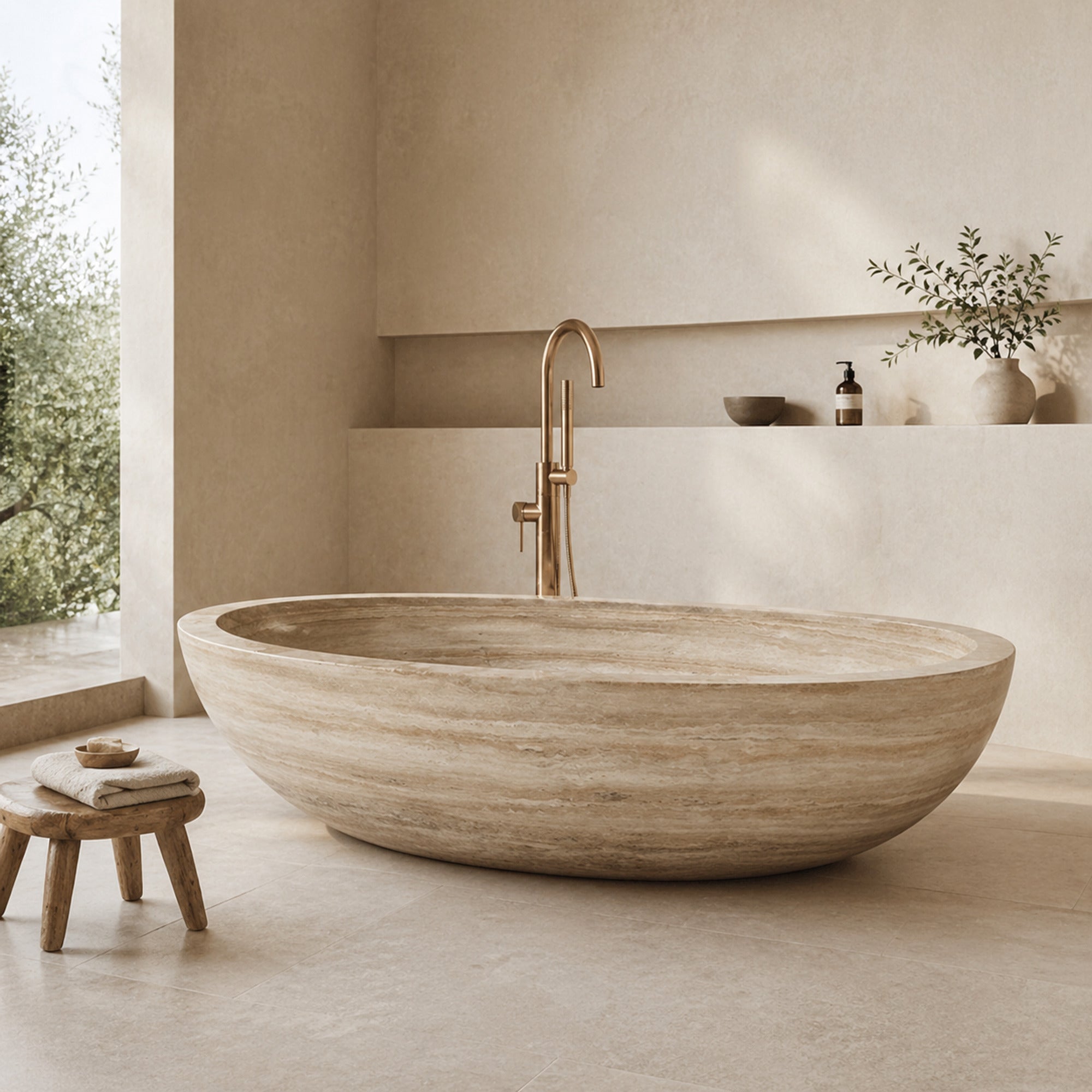 YOYO Cream Travertine freestanding soaking bathtub in a warm minimalist bathroom, styled visualization