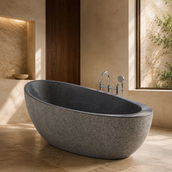 Yuka Absolute Black Granite soaking bathtub in a warm architectural luxury bathroom, styled visualization